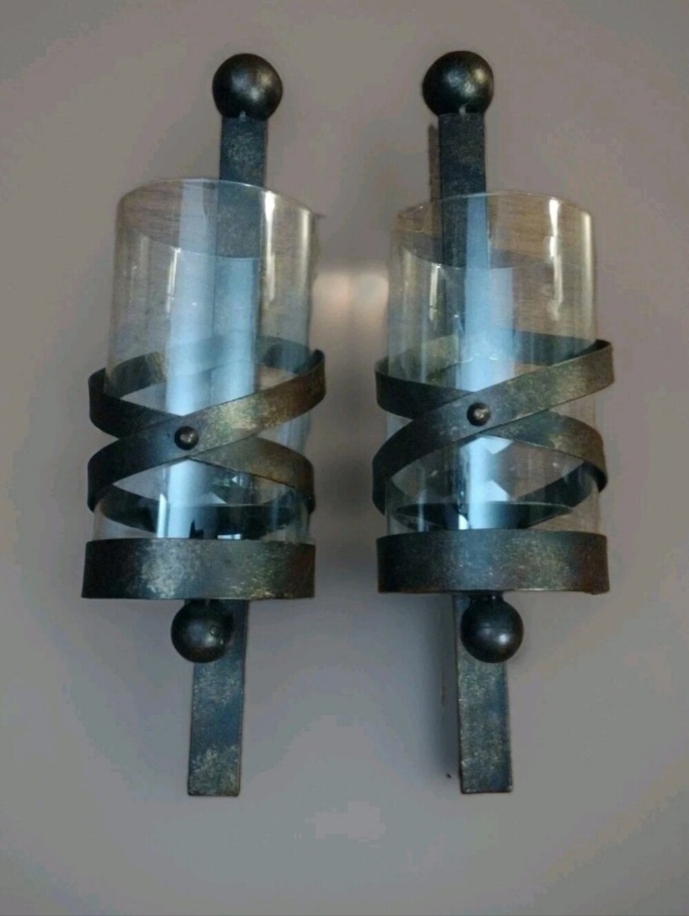 Pair of Candle Wall Sconces Metal with Glass Cylinder Covers 20"